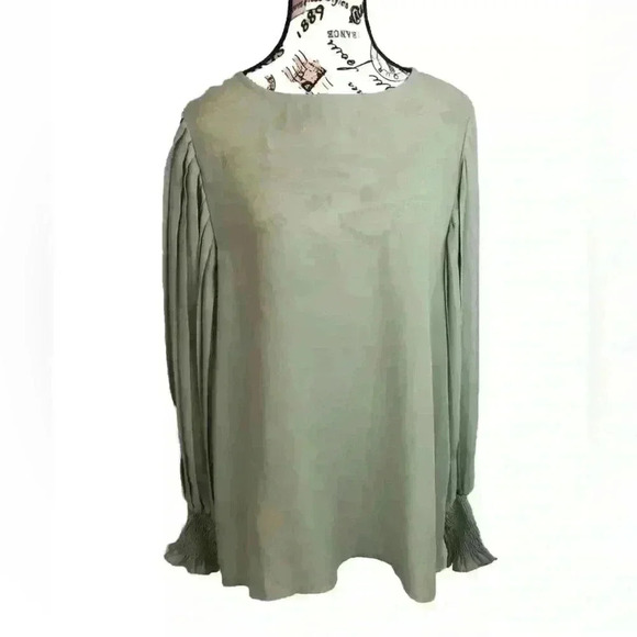 Vine & Love Large Green Silky Blouse with Accordian Puff Sleeves L/S NWT - Picture 1 of 8